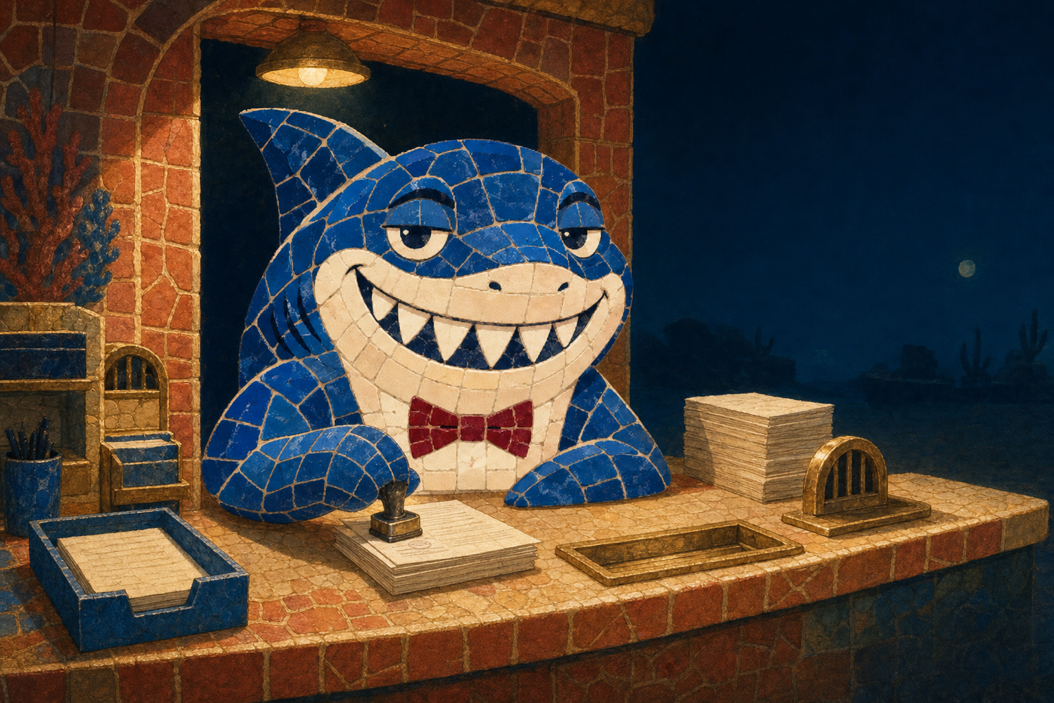 Shark Clerk at the coral counter after dark, stamp and paper stacks in front of him