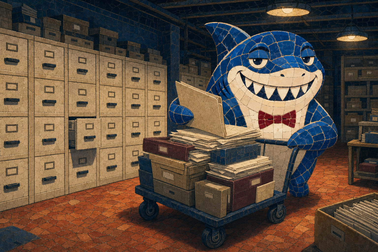 Shark Clerk pushing an archive cart of folders past basement filing cabinets